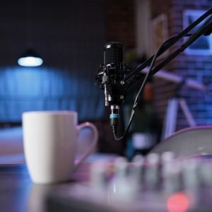 Empty space with podcast equipment to record talking show